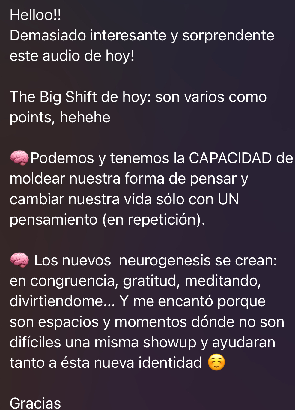 Mensaje de una integrante de The Big Shift